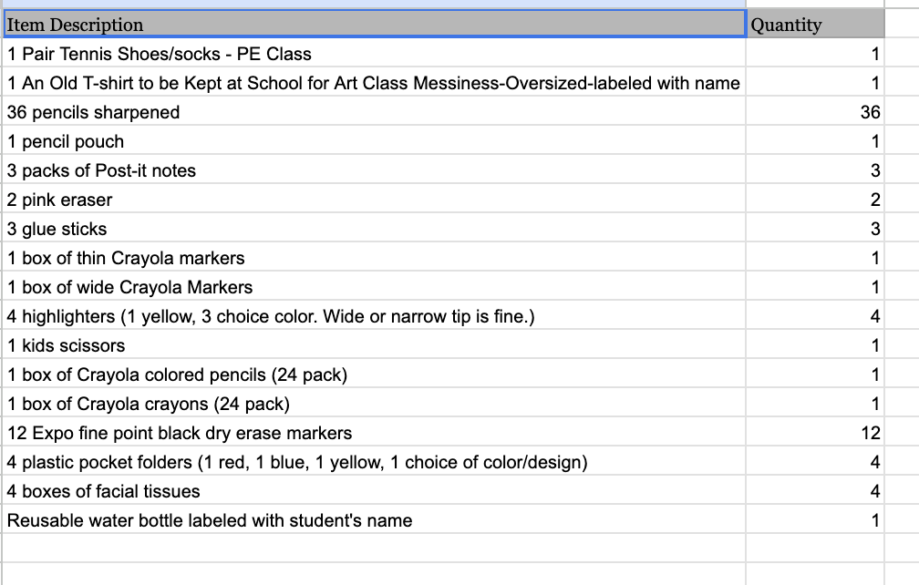 list of 2nd school supplies